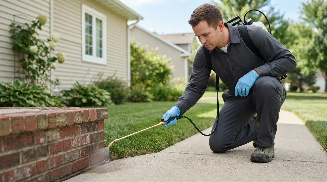 Pest control technician treating a home near Byromville, GA