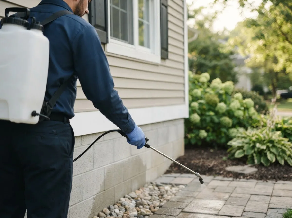 Pest control technician inspecting a home in Byromville, GA